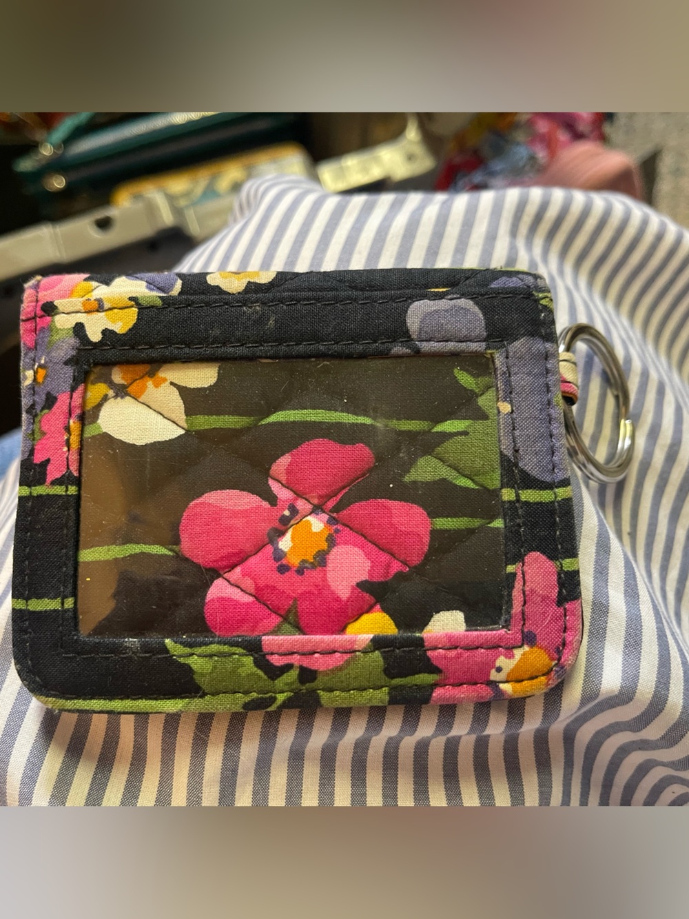 Vera Bradley Floral ID Wallet in Black with Pink, Yellow & Green